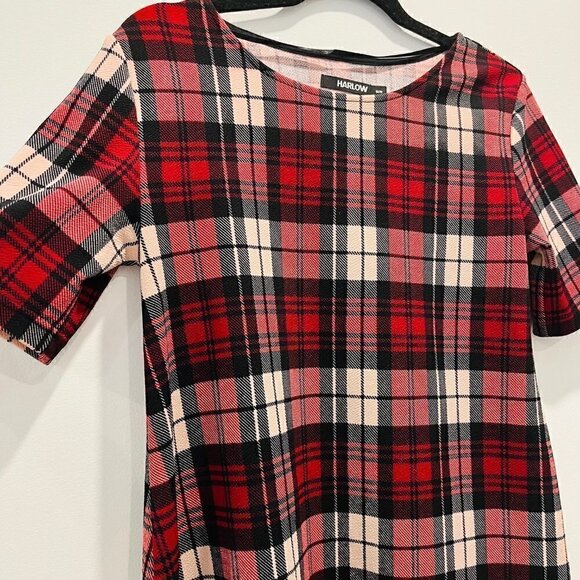 Harlow Boathouse Red Black White Plaid Short Sleeve A Line Mini Dress - Picture 3 of 6